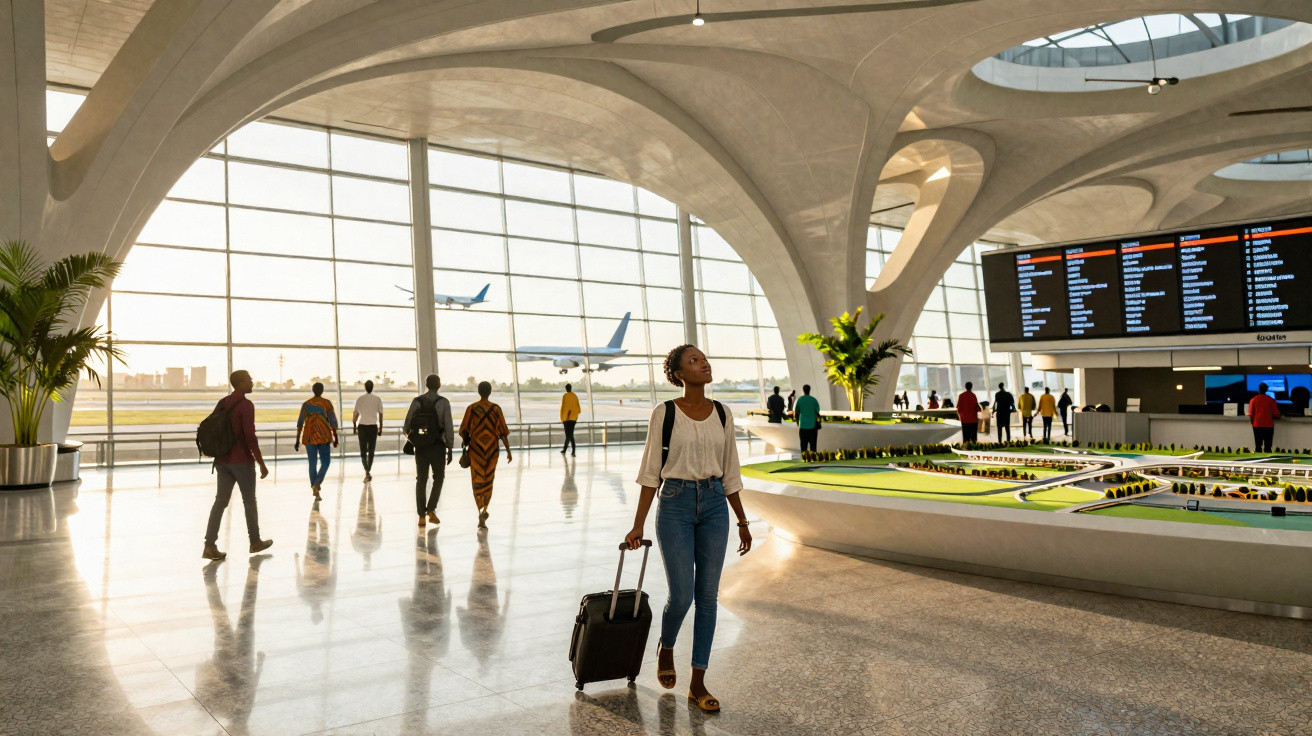 Interior moderno de aeroporto com passageiros a caminhar e aviões visíveis através da janela panorâmica.