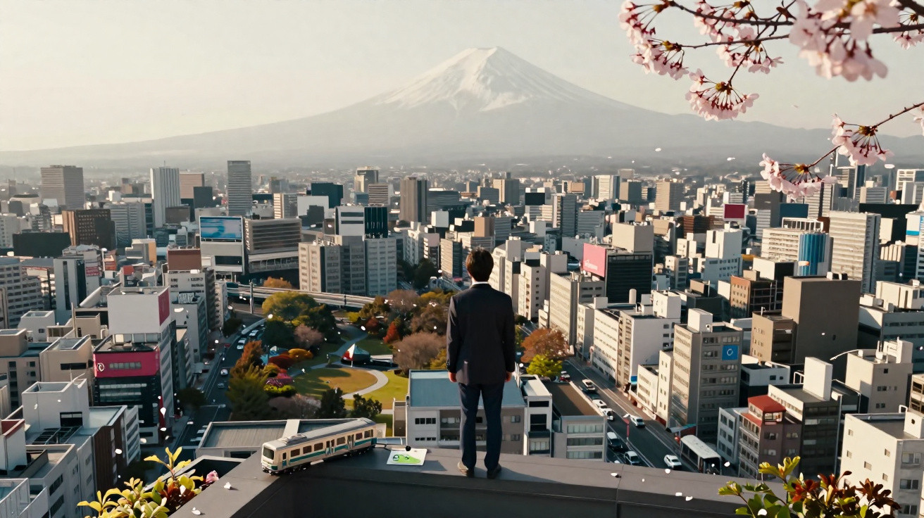 Homem de fato observa a cidade com o Monte Fuji ao fundo e flores de cerejeira em primeiro plano.