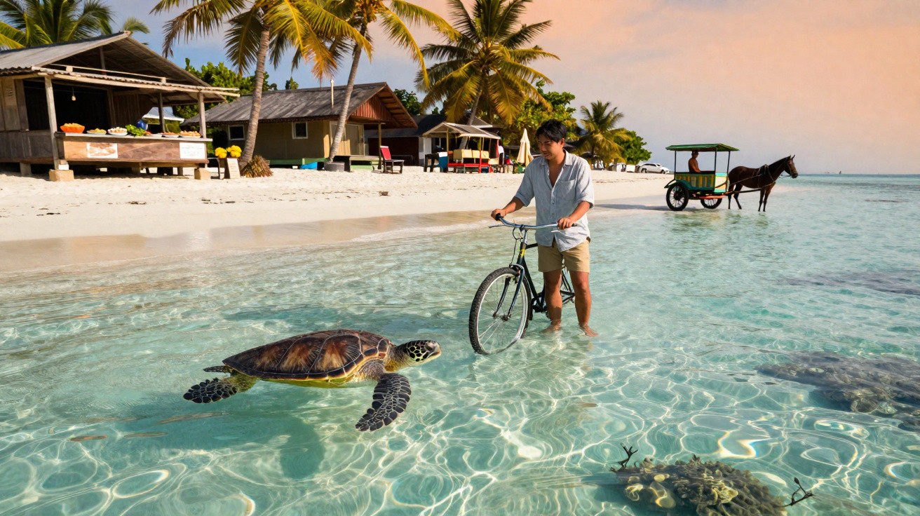 Homem com bicicleta na água junto a uma tartaruga marinha, praia com palmeiras e cabanas ao fundo.