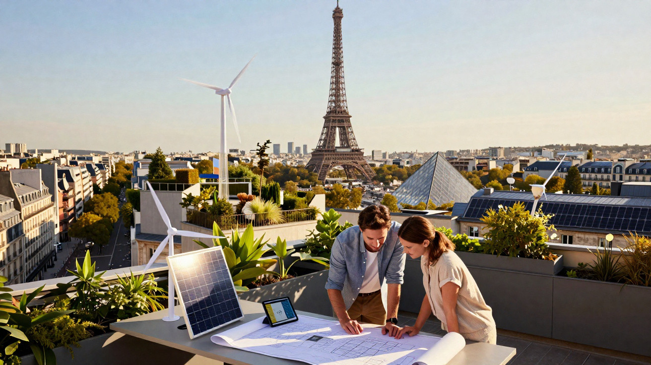 Casal a analisar plantas num terraço com painéis solares e turbinas, Torre Eiffel ao fundo em Paris.