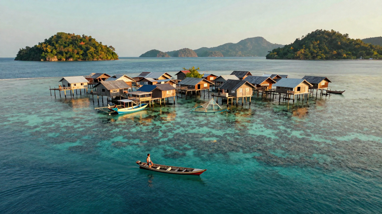 Aldeia de cabanas sobre palafitas em águas turquesa com barco e ilhas ao fundo ao pôr do sol.