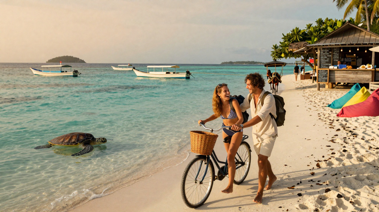Casal jovem na praia a empurrar uma bicicleta, com tartaruga marinha na água e barcos ao fundo.