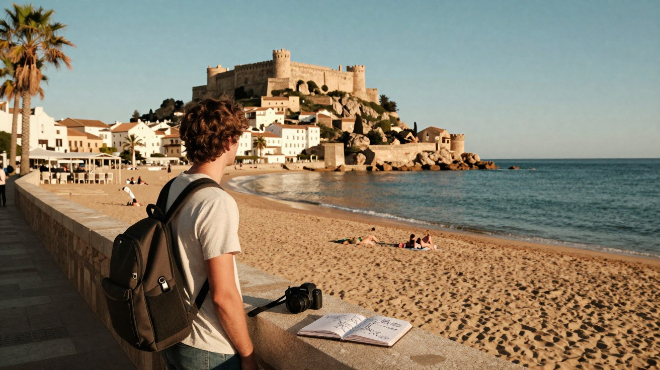 Jovem com mochila e câmara observa castelo junto à praia de areia e mar calmo em dia ensolarado.