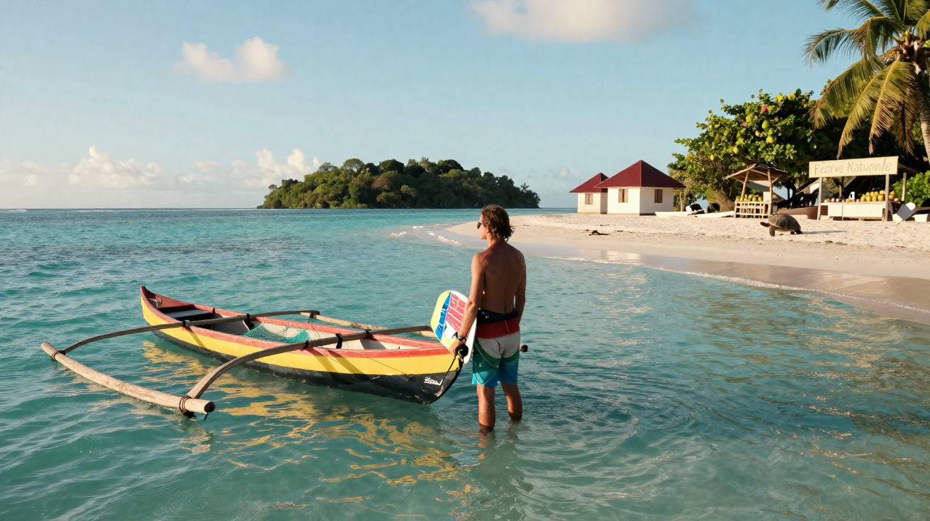 Homem em roupa de banho junto a canoa na água junto a praia com palmeiras e pequena ilha ao fundo.