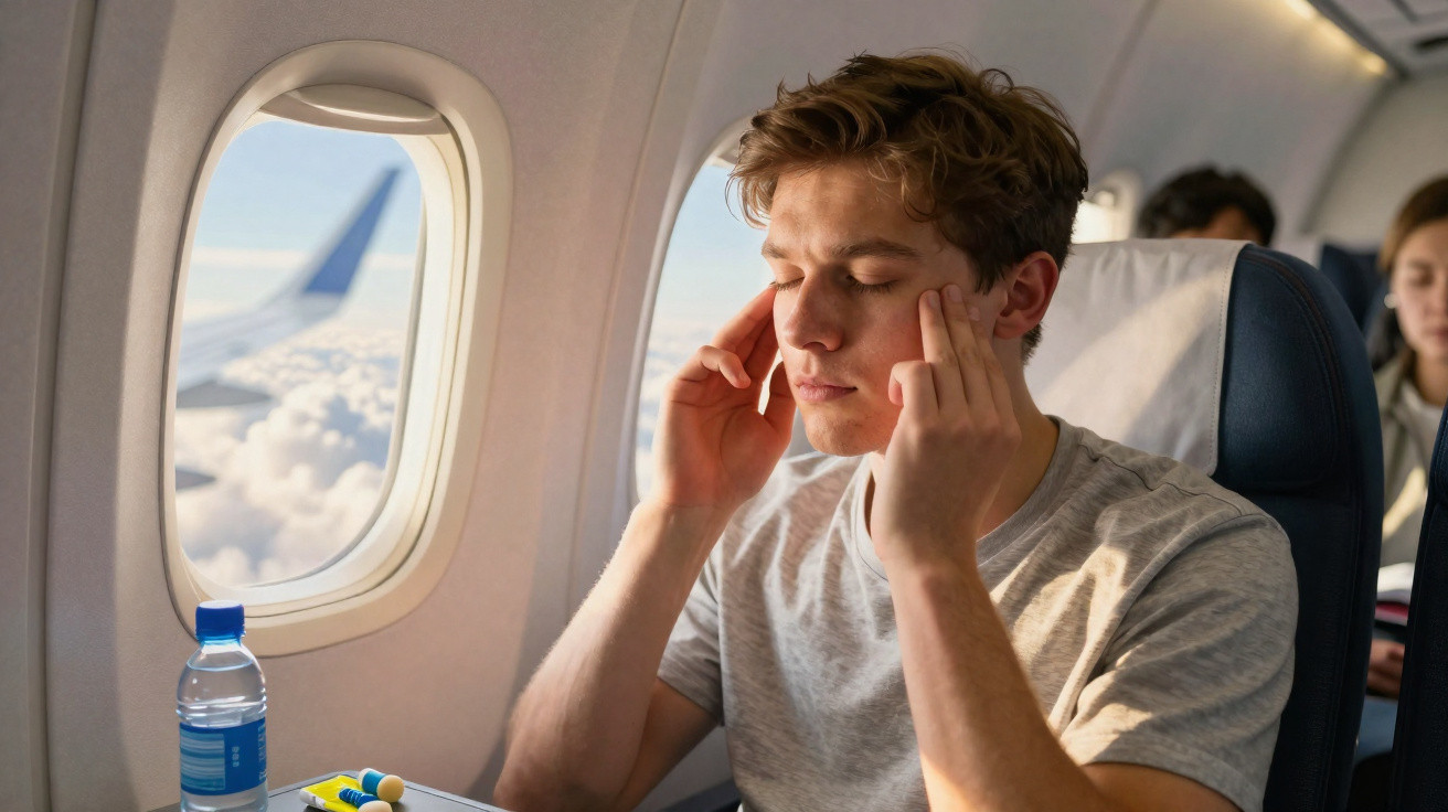 Jovem sentado junto à janela do avião massaja as têmporas com os olhos fechados, com garrafa de água na mesa.