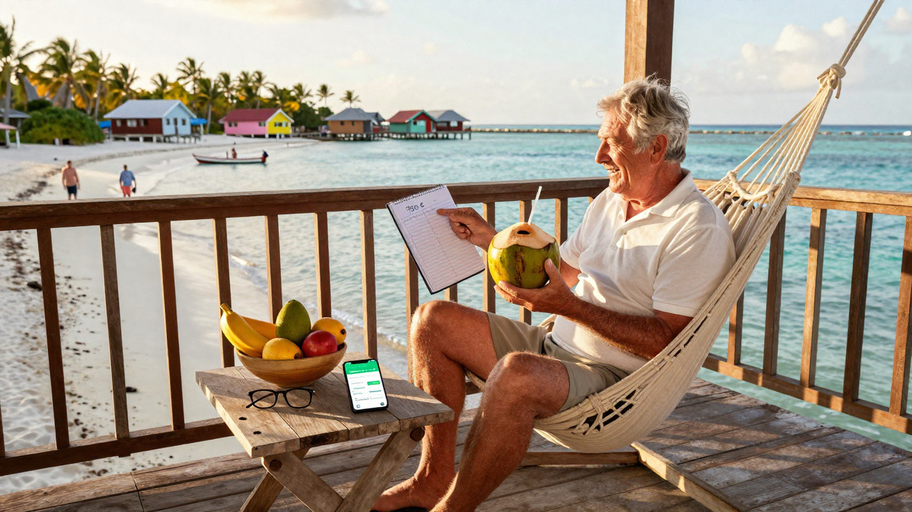 Homem sénior relaxa numa rede junto à praia segurando coco e apontando para papel com valor 350€.