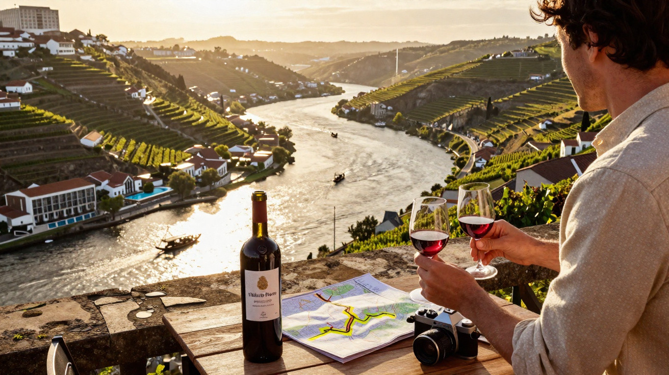 Homem a brindar com vinho tinto numa varanda com vista para o rio e vinhas em socalcos ao pôr do sol.
