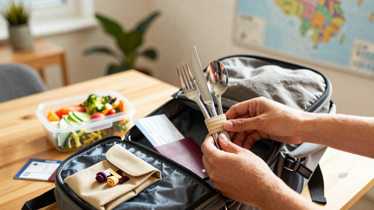 Mão a colocar talheres ecológicos numa mochila aberta com passaporte e recipiente de salada ao fundo.