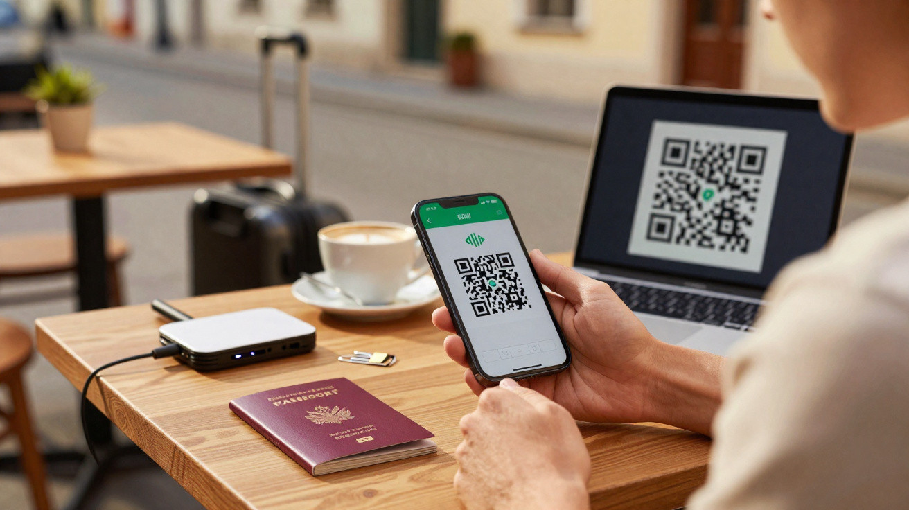 Pessoa a digitalizar código QR no telemóvel numa mesa com passaporte, computador portátil, chávena e carregador.