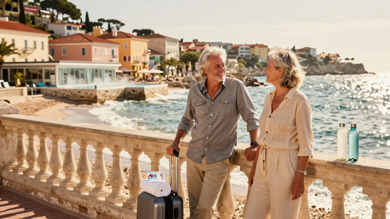 Casal sénior sorridente junto ao mar numa esplanada com mala de viagem e garrafas de água.