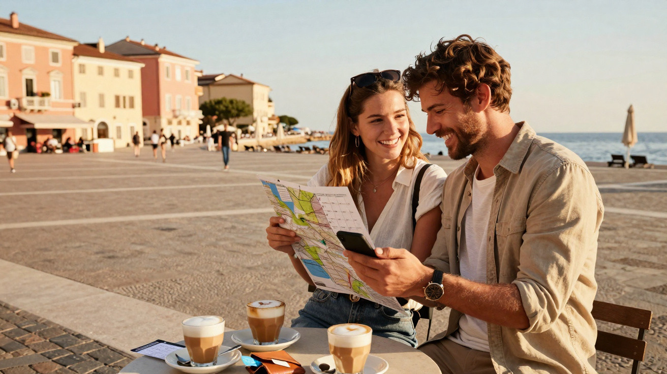 Casal jovem sorridente a consultar mapa e telemóvel numa esplanada junto ao mar com cafés na mesa.