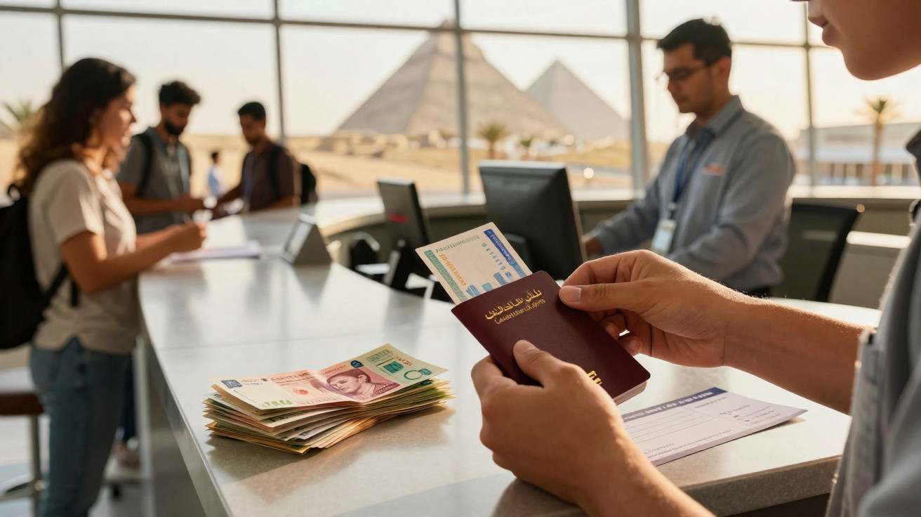Pessoa a mostrar passaporte e bilhete numa área de controlo com pirâmides visíveis ao fundo.