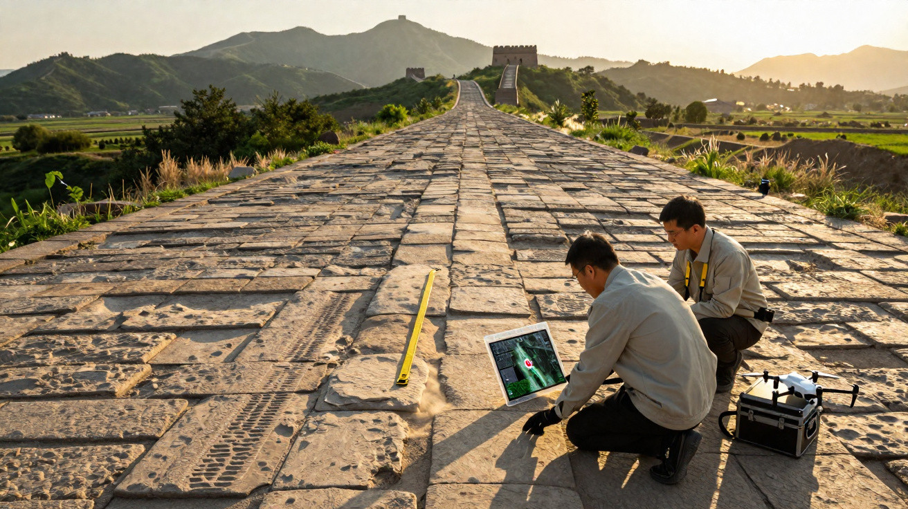 Dois homens numa antiga estrada de pedra, com equipamento de drone e monitor a analisar imagens.