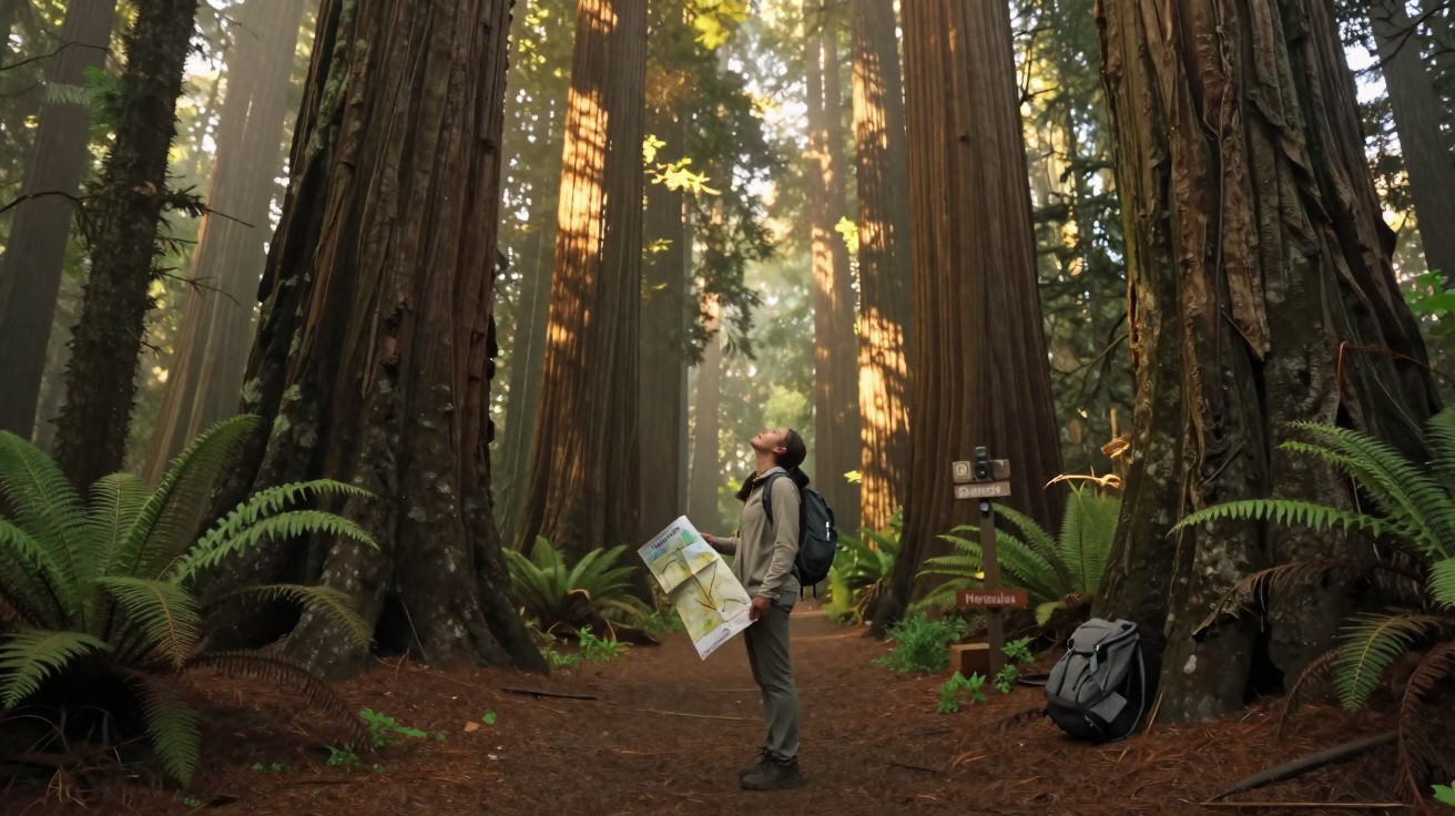 Pessoa com mochila observa árvores gigantes numa floresta de sequoias com folhas verdes e luz solar.