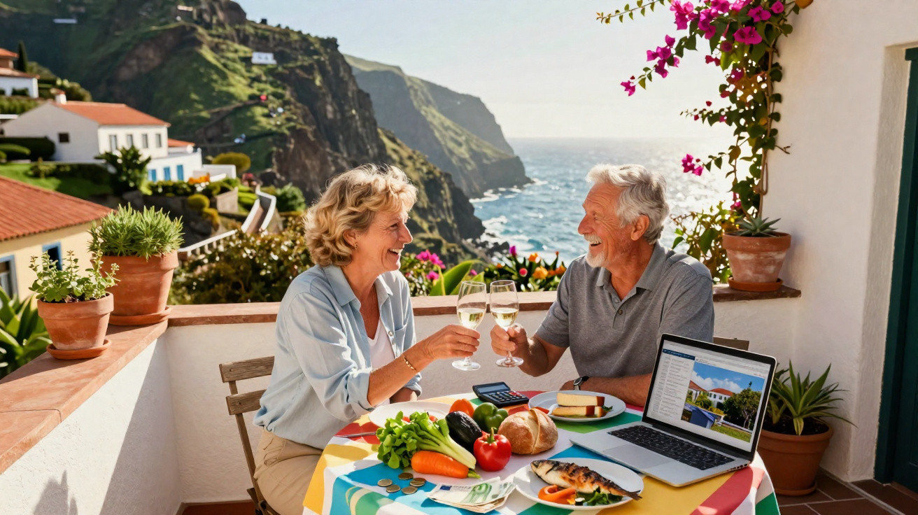 Casal sénior brinda com vinho branco numa varanda com vista para falésias e mar, com laptop na mesa.