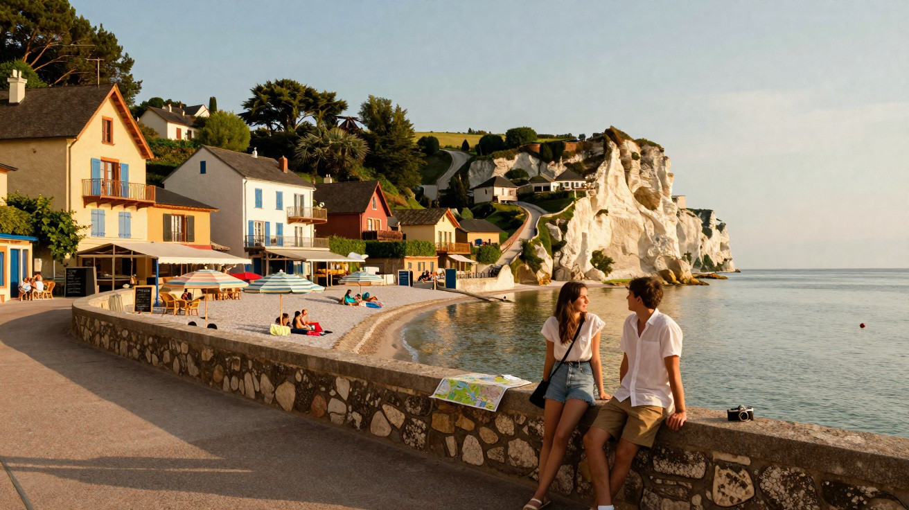 Casal sentado em muro junto à praia com casas coloridas, falésias brancas e mar calmo ao entardecer.