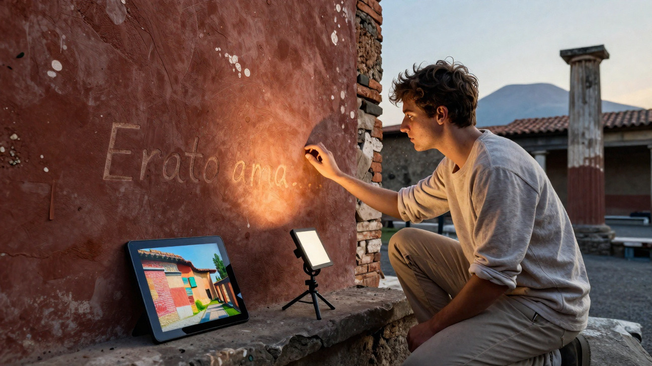Homem escreve com giz num muro antigo, iluminado por uma luz, com tablet apoiado numa pedra.