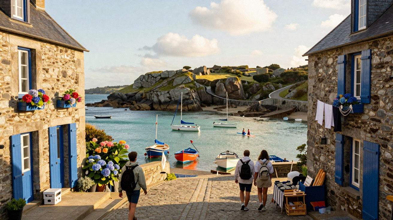 Pessoas a caminhar em vila costeira com casas de pedra, barcos atracados e mar calmo ao pôr do sol.