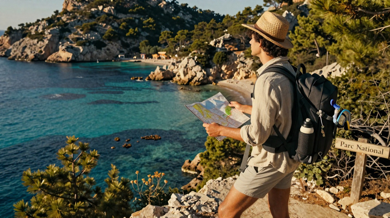 Jovem de chapéu e mochila segura um mapa junto a um penhasco com vista para uma baía e o mar azul.