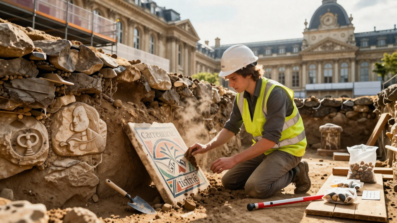 Arqueólogo com colete e capacete examina azulejo antigo num sítio de escavação urbano em Paris.