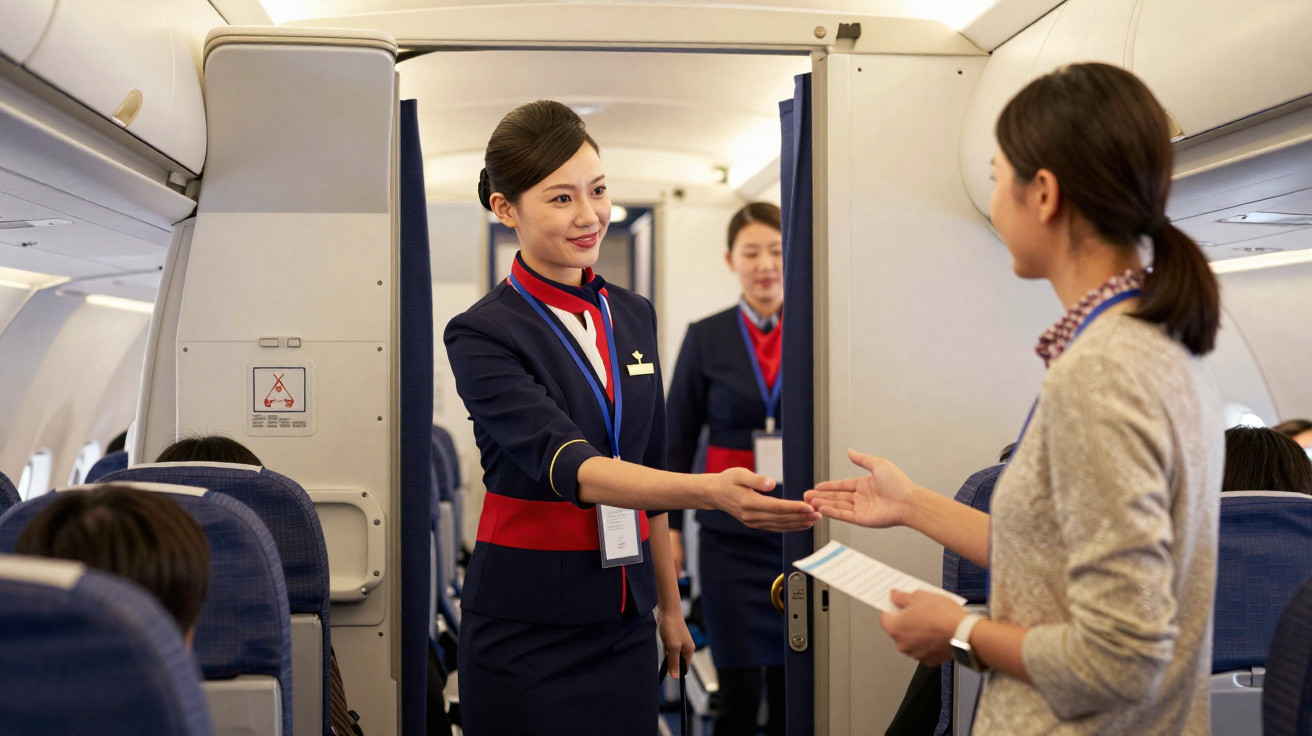 Comissária de bordo a receber passageira no interior de avião comercial durante embarque.