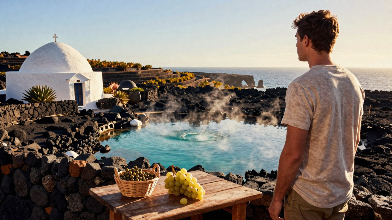 Homem observa piscina termal natural com pedras negras, igreja branca e mar ao fundo ao pôr do sol em Lanzarote.
