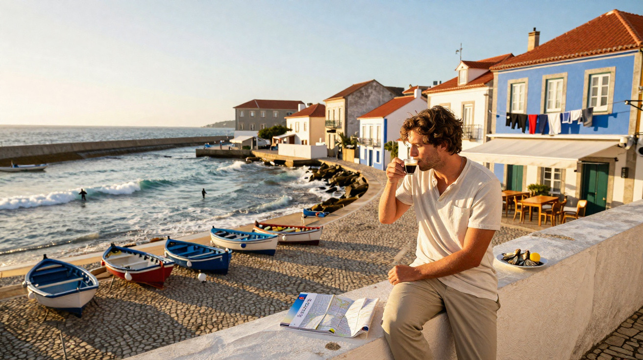 Homem a beber café numa esplanada à beira-mar com barcos coloridos e casas tradicionais ao fundo.
