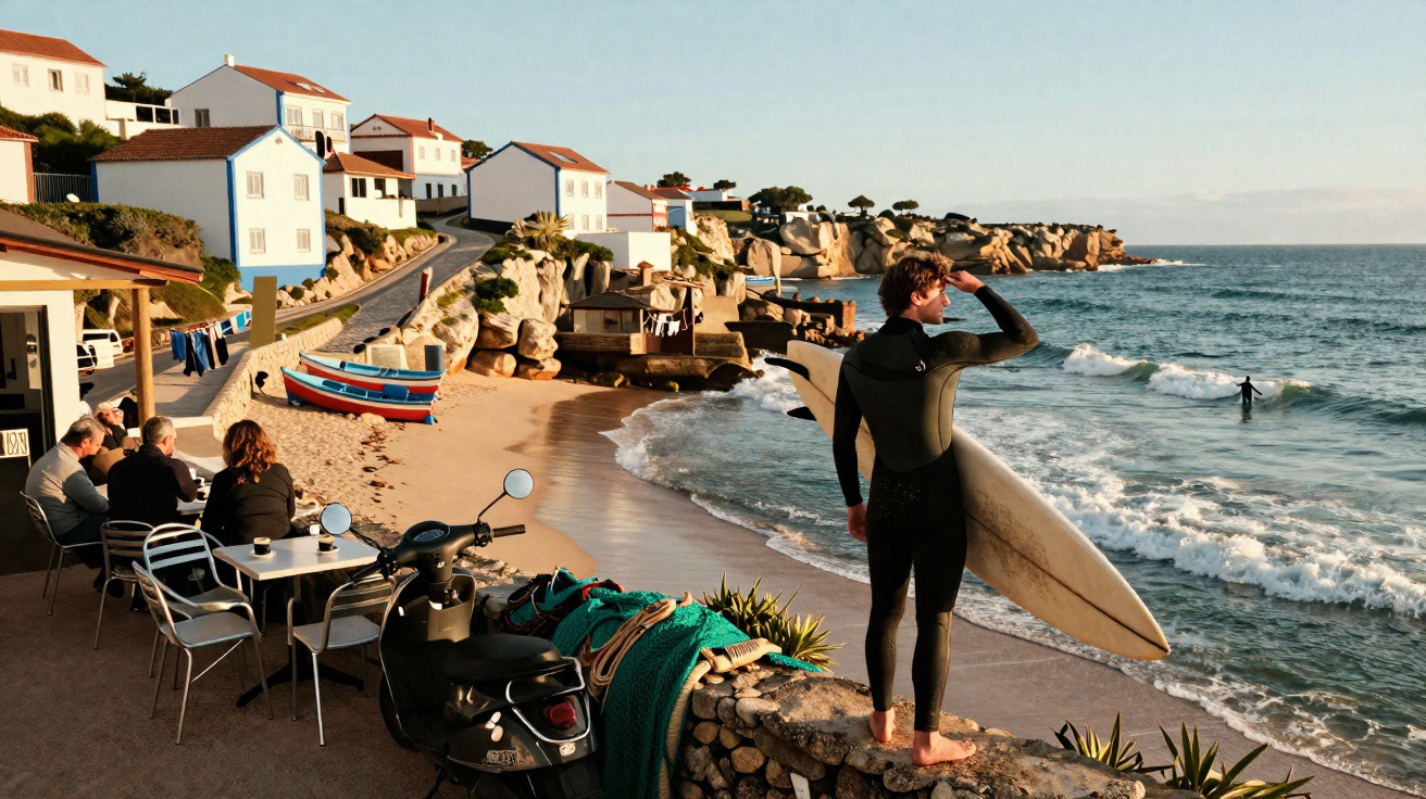 Praia com ondas, surfista de fato de neoprene, casas típicas e pessoas sentadas num café junto ao mar.