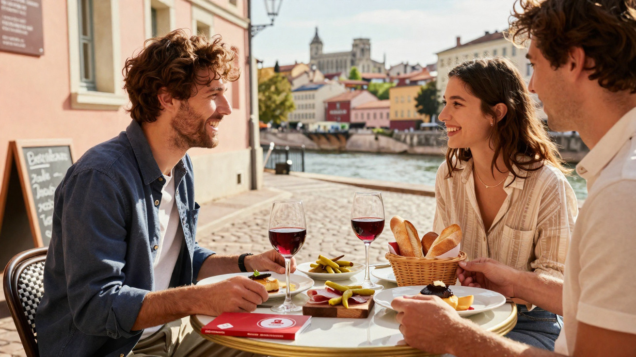 Três amigos a conversar alegremente numa esplanada à beira rio com vinho e petiscos.