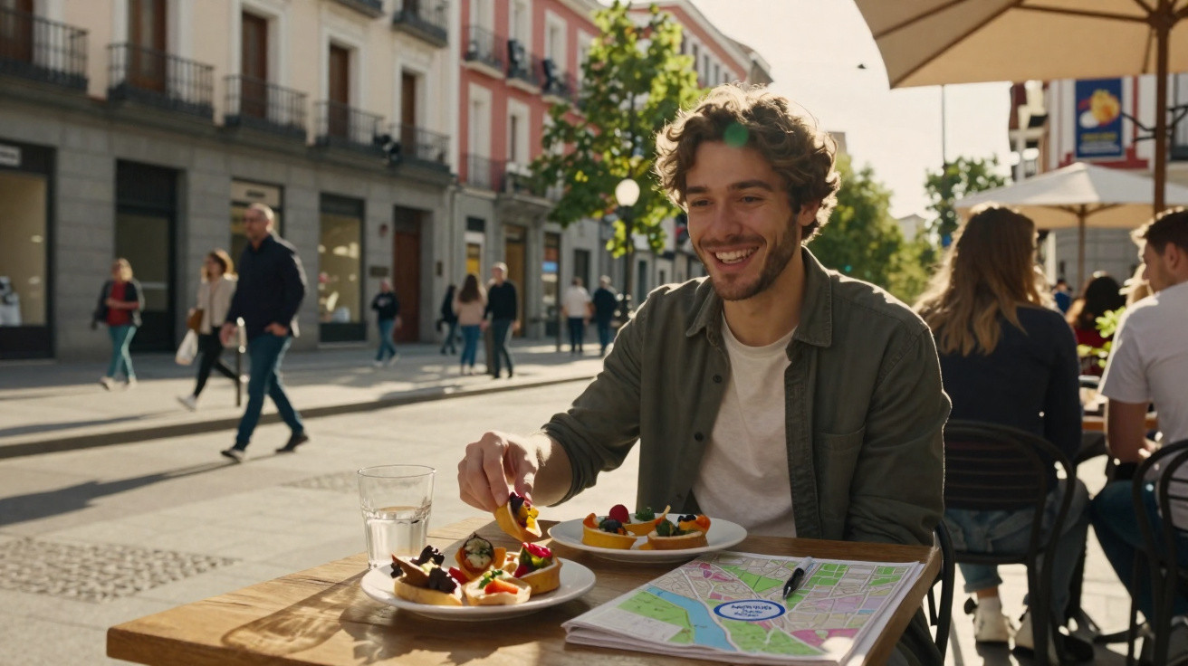 Homem sorridente sentado ao ar livre numa esplanada, com sobremesas e mapa sobre a mesa numa rua movimentada.
