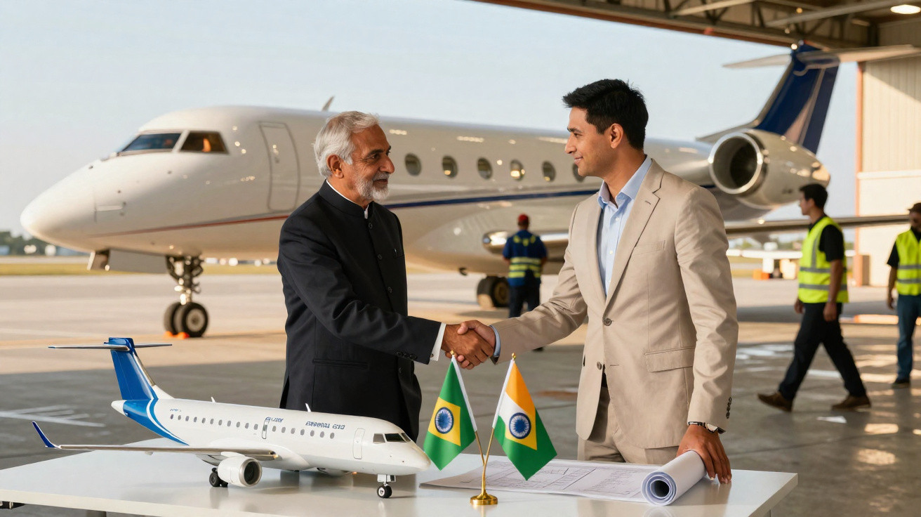 Dois homens a cumprimentar-se junto a modelo de avião e bandeiras do Brasil e Índia num hangar de aeroporto.