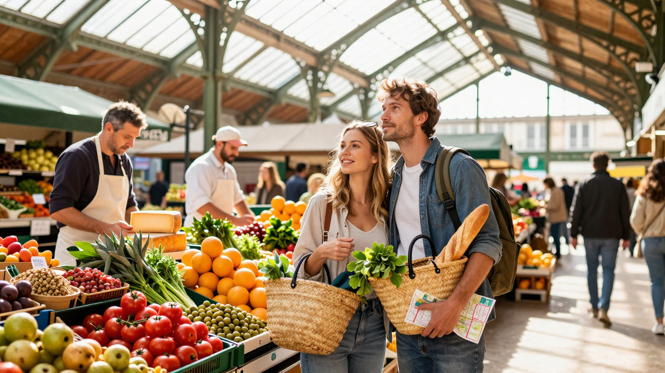 Casal jovem com cestos de compras num mercado coberto cheio de frutas frescas e legumes coloridos.