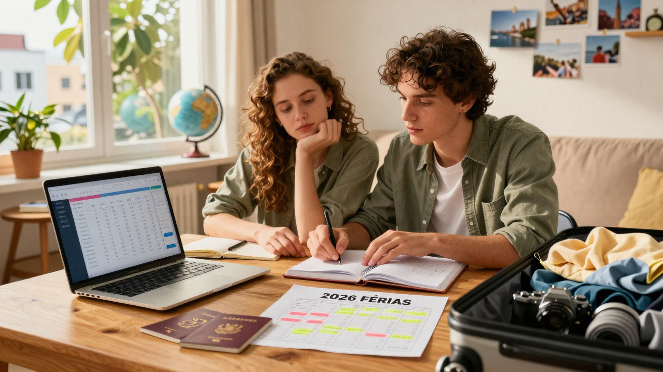 Casal a planear férias em 2026 com calendário, passaportes, laptop e mala de viagem aberta.