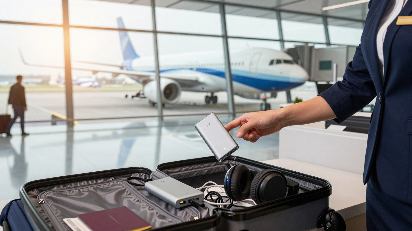 Bagagem aberta com dispositivos eletrónicos e passaporte numa zona do aeroporto com avião ao fundo.