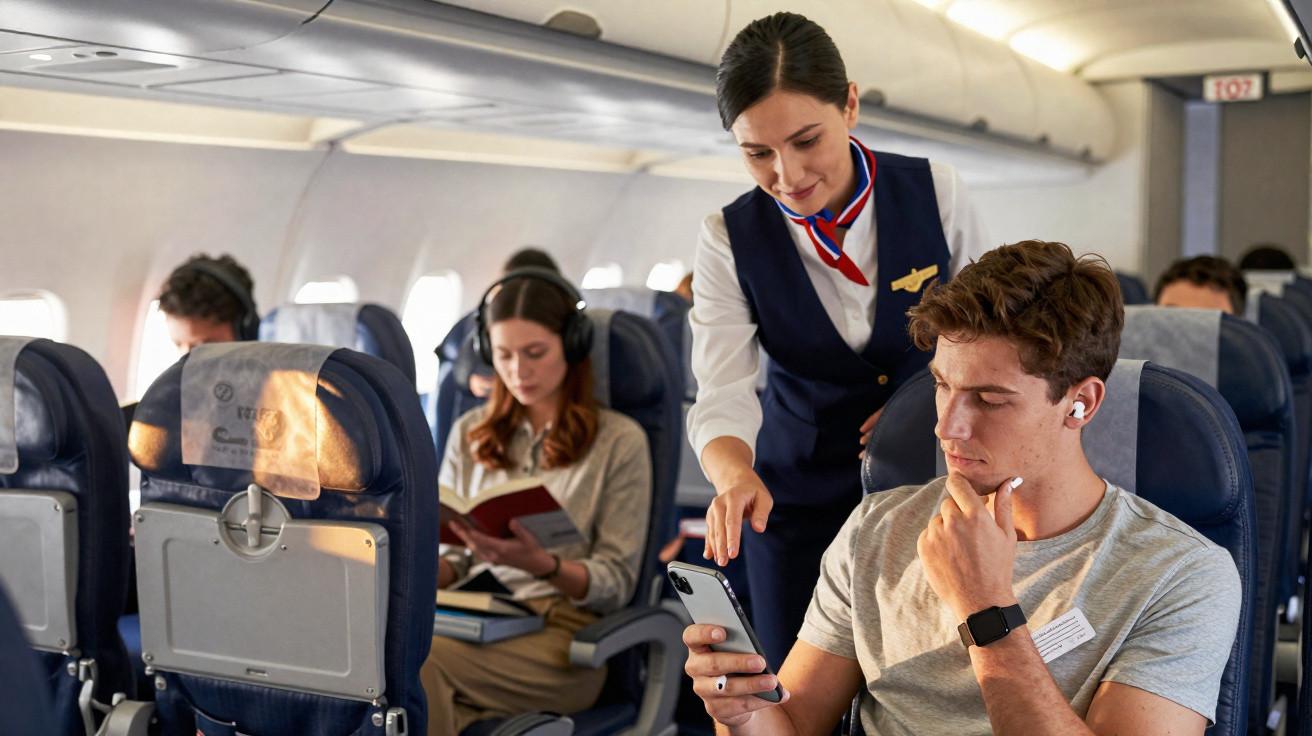 Comissária de bordo a ajudar passageiro com telemóvel durante voo num avião comercial.