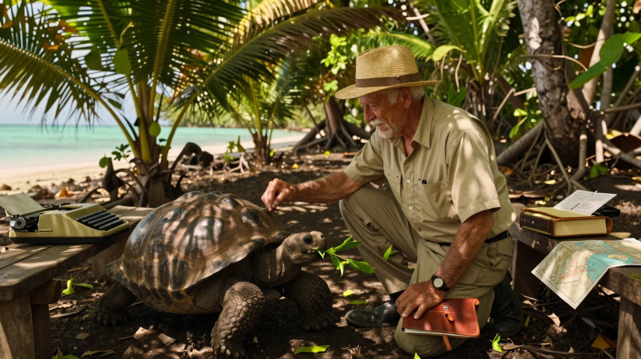 Homem idoso de chapéu alimenta tartaruga gigante numa praia com vegetação tropical.