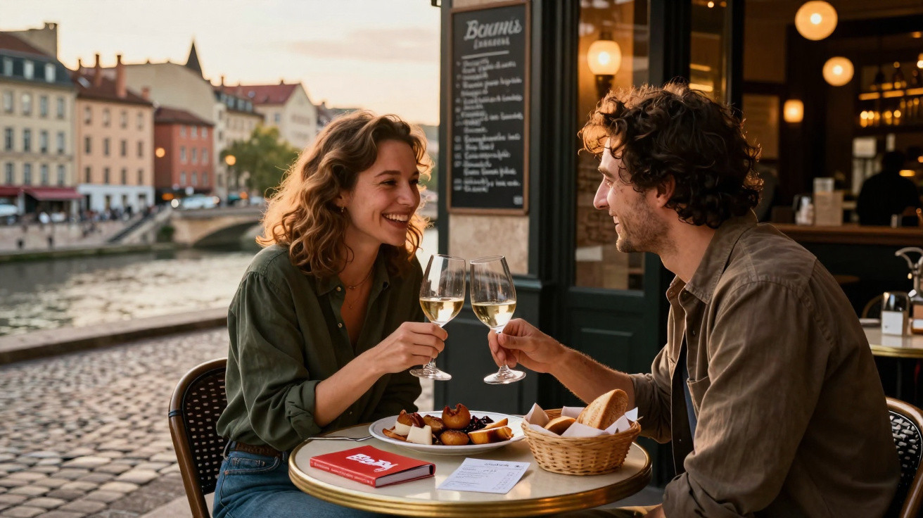 Casal a brindar com copos de vinho num restaurante ao ar livre junto a um rio ao pôr do sol.