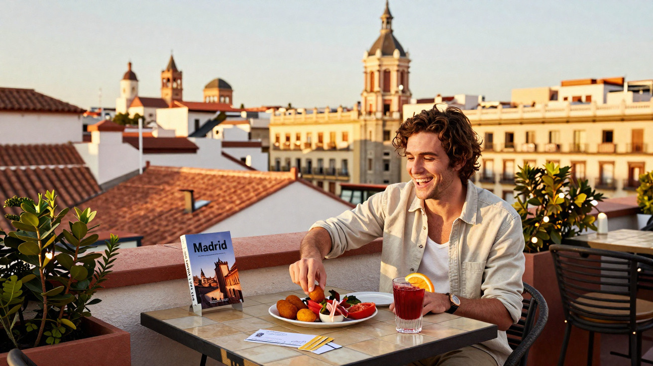 Homem sorridente sentado numa esplanada em Madrid a comer petiscos e beber sumo ao pôr do sol.