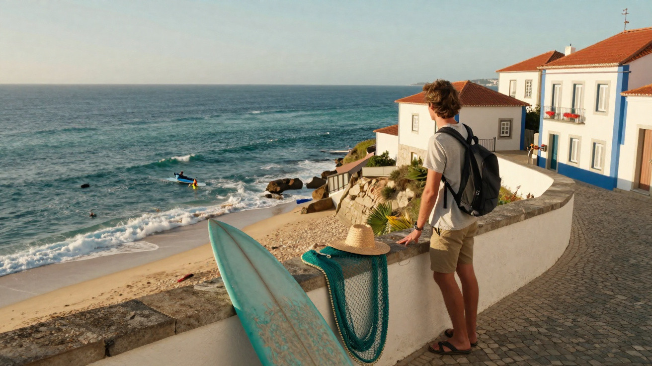 Jovem de mochila observa o mar numa vila costeira com prancha de surf junto ao muro.