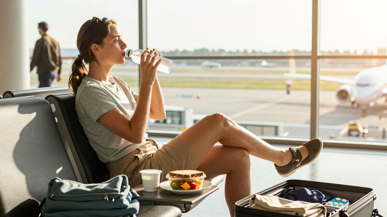 Mulher sentada no aeroporto a beber água, com mala aberta e lanche numa mesa junto à janela do avião.