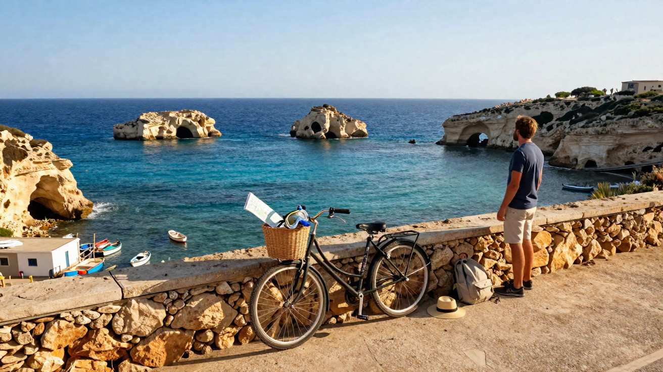 Homem de pé junto a bicicleta contemplando o mar com ilhéus rochosos e barcos numa costa ensolarada.