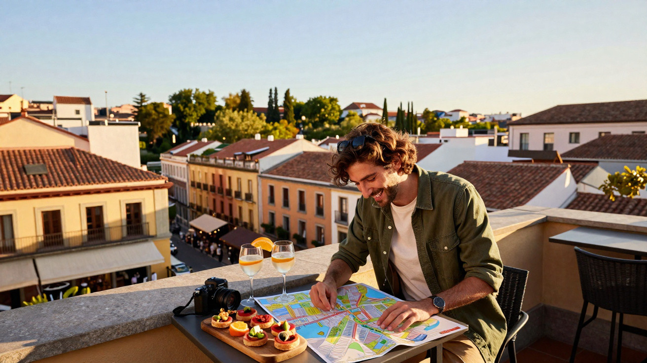 Homem com cabelo encaracolado consulta mapa na varanda de hotel com petiscos e bebidas ao pôr do sol.
