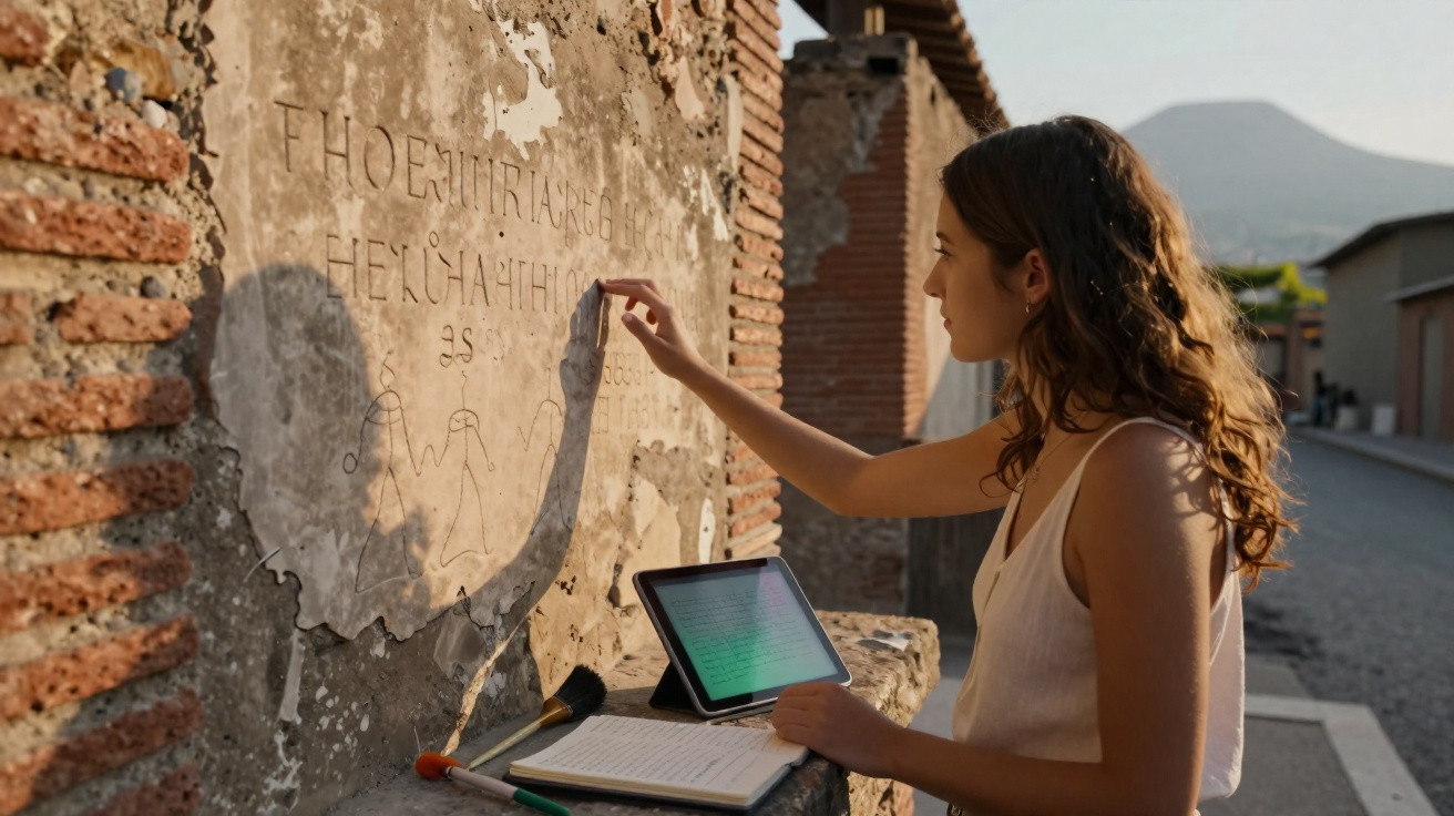 Jovem a estudar inscrições antigas numa parede histórica ao ar livre com caderno e tablet ao lado.