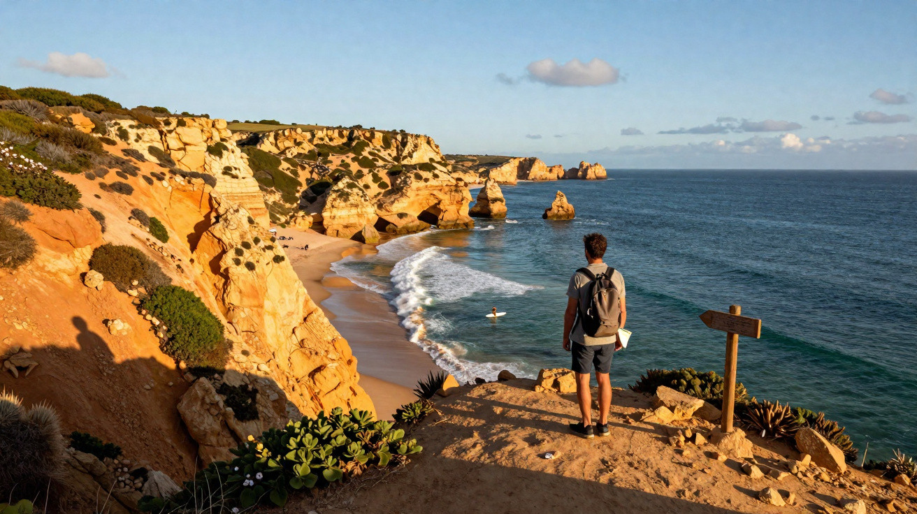 Homem com mochila observa praia com falésias douradas e mar calmo ao pôr do sol.