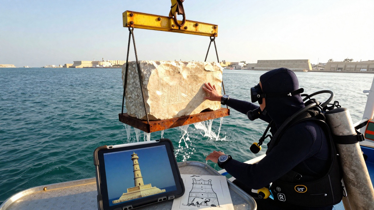 Mergulhador examina bloco de pedra retirado do mar, com imagens de um farol num tablet e desenho numa mesa.