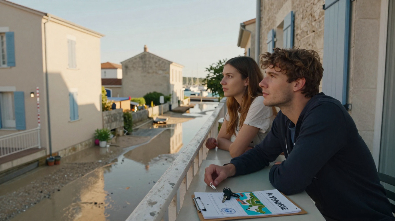Casal jovem contempla canal de água perto de casas com janelas azuis num dia claro.