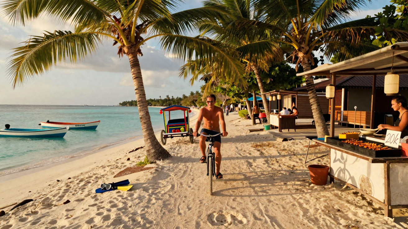 Homem a andar de bicicleta na praia com palmeiras, barcos na água e barraquinha de comida ao lado.