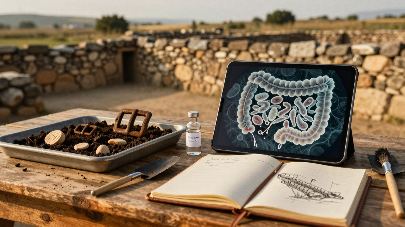 Mesa de madeira com tablet mostrando intestinos, tração de solo, frasco e caderno de notas em ambiente rural.