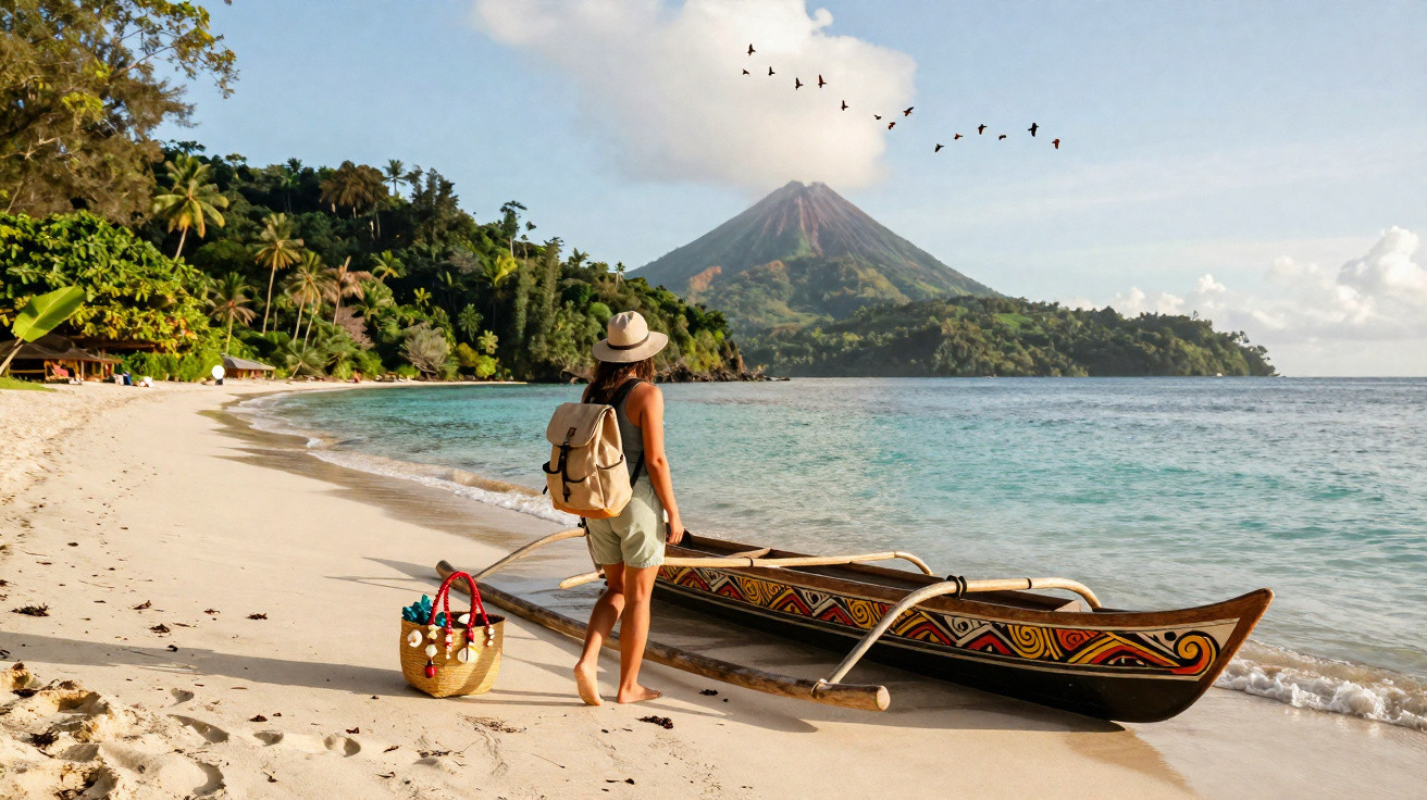 Mulher de chapéu e mochila observa canoa tradicional na praia com vulcão ao fundo e pássaros no céu.
