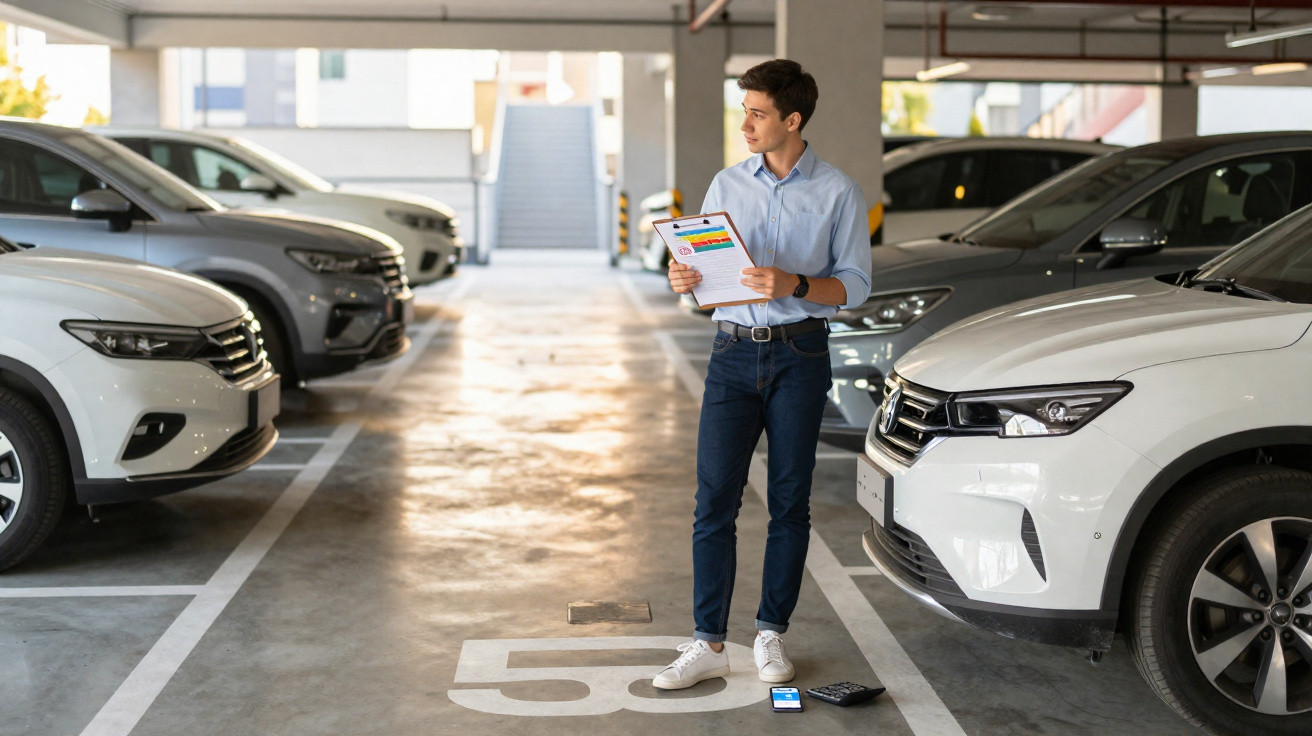 Homem com prancheta e dispositivos a avaliar carros estacionados numa garagem coberta.